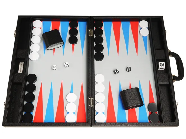 19-inch Premium Backgammon Set - Black with Scarlet Red and Patriot Blue Points