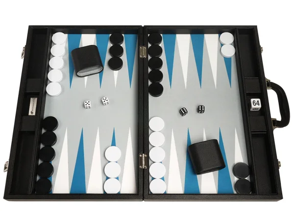 19-inch Premium Backgammon Set - Black with White and Astral Blue Points