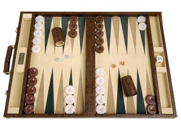 GammonVillage Tournament Backgammon Set - Champion Class - Brown Case - Beige Field - Black/Brown Points