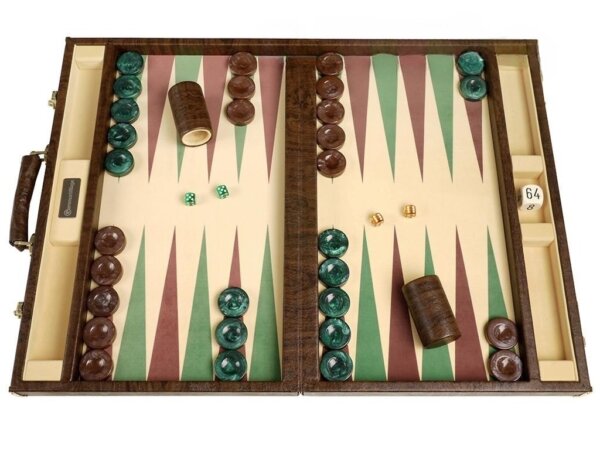 GammonVillage Tournament Backgammon Set - Champion Class - Brown Case - Beige Field - Green/Brown Points