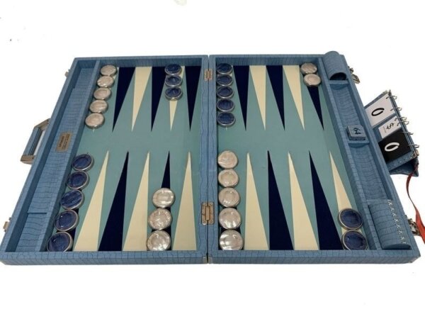 Championship Size Backgammon Set & Chrome Checkers Blue