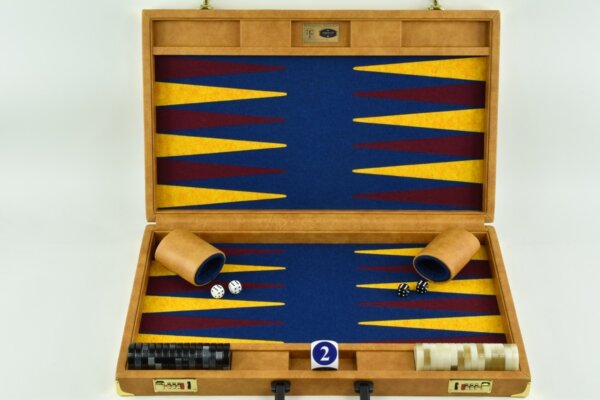 Special Edition Pacific Blue-Saffron-Bordeaux FTH Tournament Size Backgammon Board. 45mm Checkers - Image 2