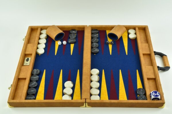 Special Edition Pacific Blue-Saffron-Bordeaux FTH Tournament Size Backgammon Board. 45mm Checkers