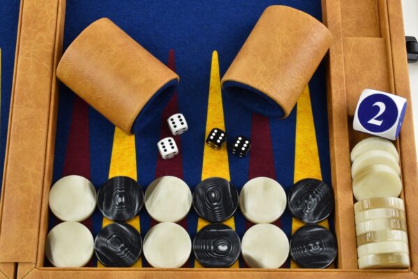 Special Edition Pacific Blue-Saffron-Bordeaux FTH Tournament Size Backgammon Board. 45mm Checkers - Image 3