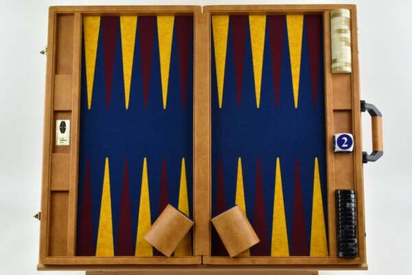 Special Edition Pacific Blue-Saffron-Bordeaux FTH Tournament Size Backgammon Board. 45mm Checkers - Image 4
