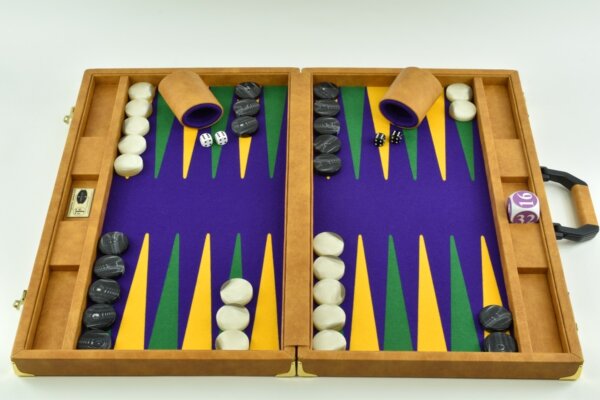 Special Edition Purple-Green-Yellow FTH Tournament Size Backgammon Board. 45mm Checkers