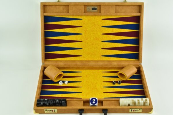 Special Edition Saffron-Pacific Blue-Bordeaux FTH Tournament Size Backgammon Board. 45mm Checkers - Image 2