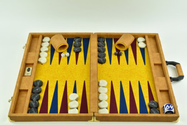 Special Edition Saffron-Pacific Blue-Bordeaux FTH Tournament Size Backgammon Board. 45mm Checkers
