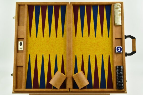 Special Edition Saffron-Pacific Blue-Bordeaux FTH Tournament Size Backgammon Board. 45mm Checkers - Image 4