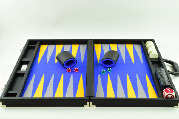 Blue/Gold/Gray FTH Tournament Size Backgammon Board. 45mm Checkers