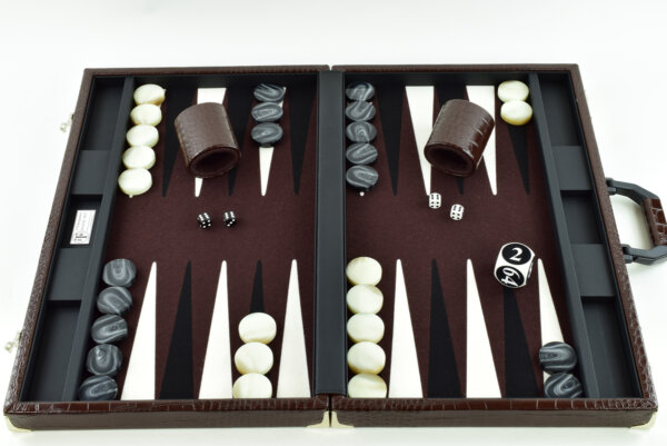 "Chocolate Crocodile" - Special Edition Brown-Black-White FTH Tournament Size Backgammon Board. 45mm Checkers