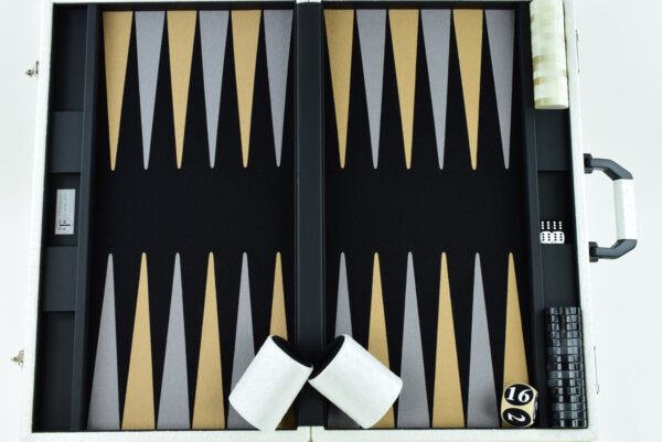 "Mother of Pearl Ostrich" - Special Edition Black-Sand-Gray FTH Tournament Size Backgammon Board. 45mm Checkers - Image 4