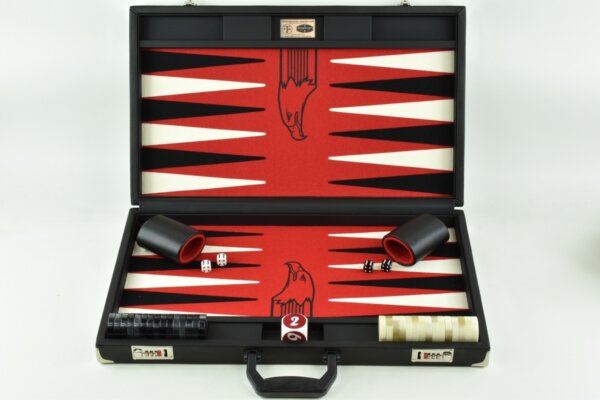 "Padded Black Leather" - Special Edition Red - Black/White, Eagle Logo, FTH Tournament Size Backgammon Board. 45mm Checkers - Image 2