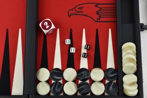 "Padded Black Leather" - Special Edition Red - Black/White, Eagle Logo, FTH Tournament Size Backgammon Board. 45mm Checkers - Image 3