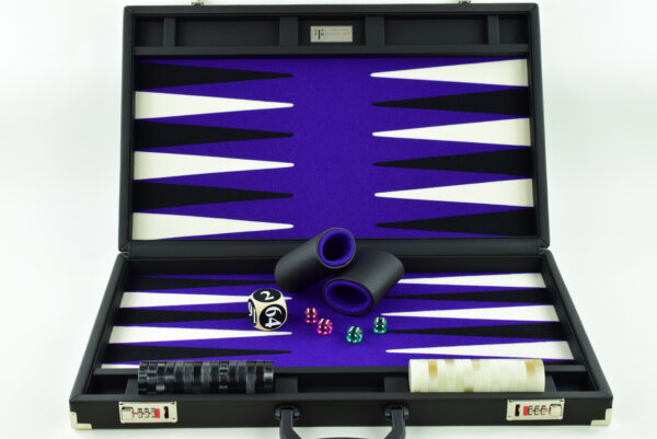 Purple/Black/White FTH Tournament Size Backgammon Board. 45mm Checkers - Image 2
