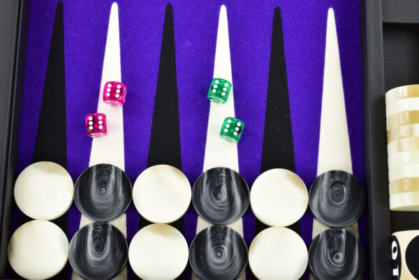 Purple/Black/White FTH Tournament Size Backgammon Board. 45mm Checkers - Image 3