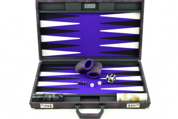 "Heavily Textured Purple Snake Skin" - Special Edition Purple-Black-White FTH Tournament Size Backgammon Board. 45mm Checkers - Image 2