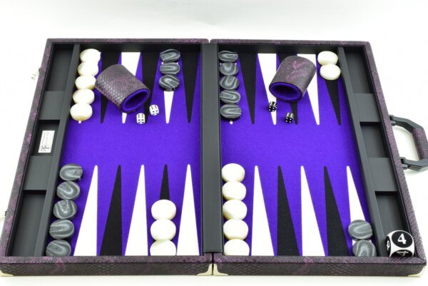 "Heavily Textured Purple Snake Skin" - Special Edition Purple-Black-White FTH Tournament Size Backgammon Board. 45mm Checkers