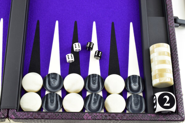 "Heavily Textured Purple Snake Skin" - Special Edition Purple-Black-White FTH Tournament Size Backgammon Board. 45mm Checkers - Image 3