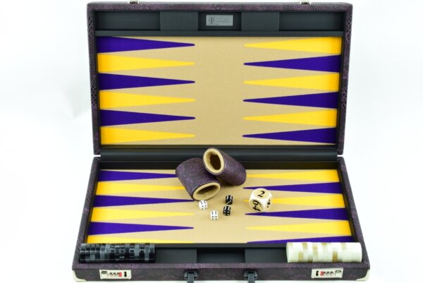"Heavily Textured Purple Snake Skin" - Special Edition Sand-Purple-Gold FTH Tournament Size Backgammon Board. 45mm Checkers - Image 2