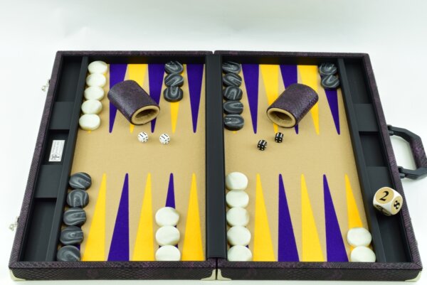 "Heavily Textured Purple Snake Skin" - Special Edition Sand-Purple-Gold FTH Tournament Size Backgammon Board. 45mm Checkers