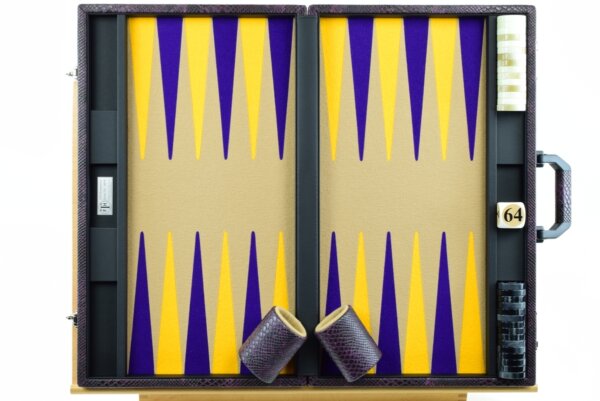 "Heavily Textured Purple Snake Skin" - Special Edition Sand-Purple-Gold FTH Tournament Size Backgammon Board. 45mm Checkers - Image 4