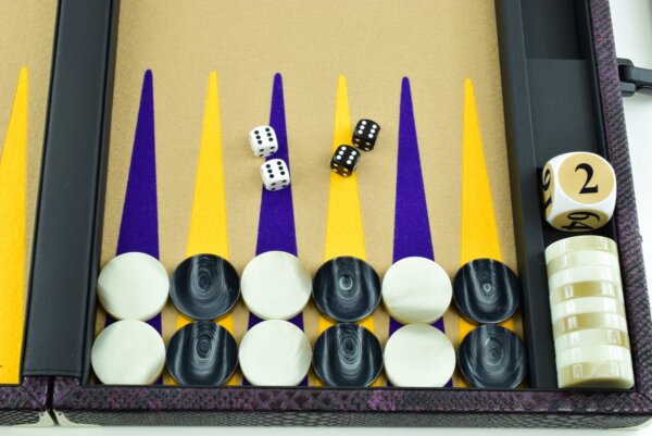 "Heavily Textured Purple Snake Skin" - Special Edition Sand-Purple-Gold FTH Tournament Size Backgammon Board. 45mm Checkers - Image 3
