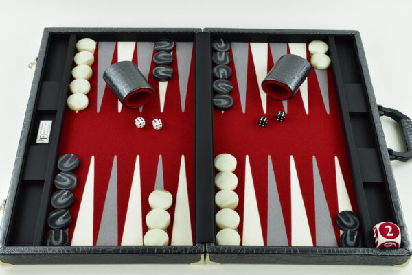 "Silver Metallic Crocodile" - Special Edition Red-Gray-White FTH Tournament Size Backgammon Board. 45mm Checkers