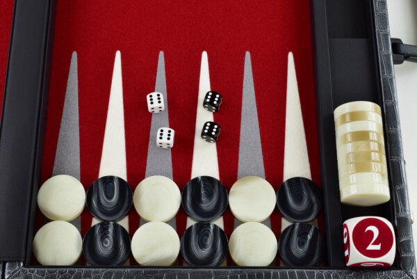 "Silver Metallic Crocodile" - Special Edition Red-Gray-White FTH Tournament Size Backgammon Board. 45mm Checkers - Image 3