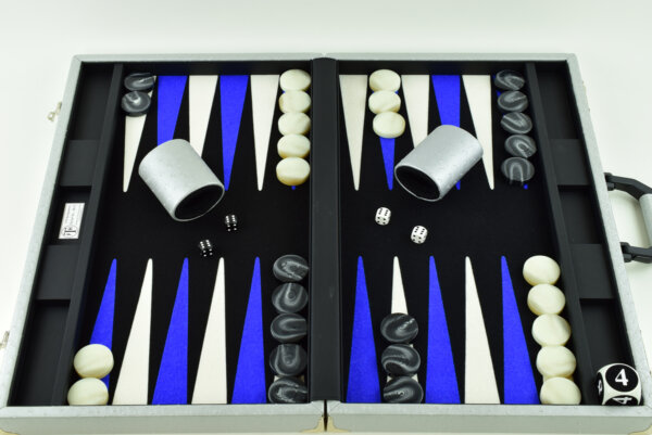"Silver Ostrich" - Special Edition Black-Blue-White FTH Tournament Size Backgammon Board
