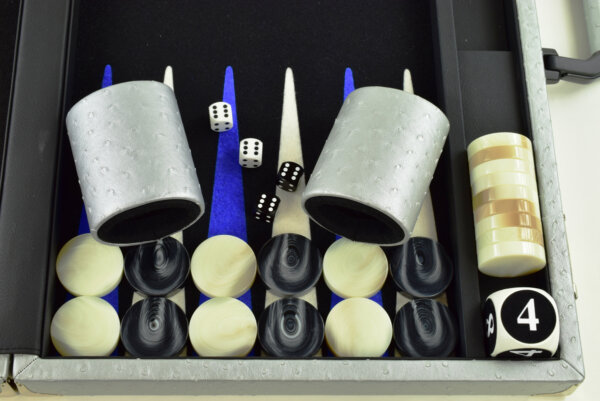 "Silver Ostrich" - Special Edition Black-Blue-White FTH Tournament Size Backgammon Board - Image 4