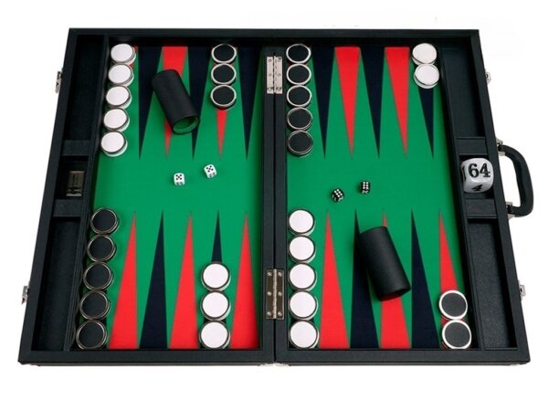 Wycliffe Brothers® 23-inch Backgammon Set with 1.75-inch Nickel Checkers - Black Case with Green Field - Prestige Class