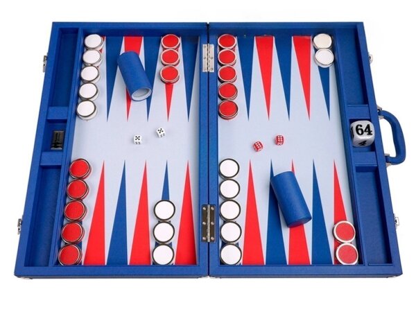 Wycliffe Brothers® 23-inch Backgammon Set with 1.75-inch Nickel Checkers - Blue Case with Light Blue Field - Prestige Class