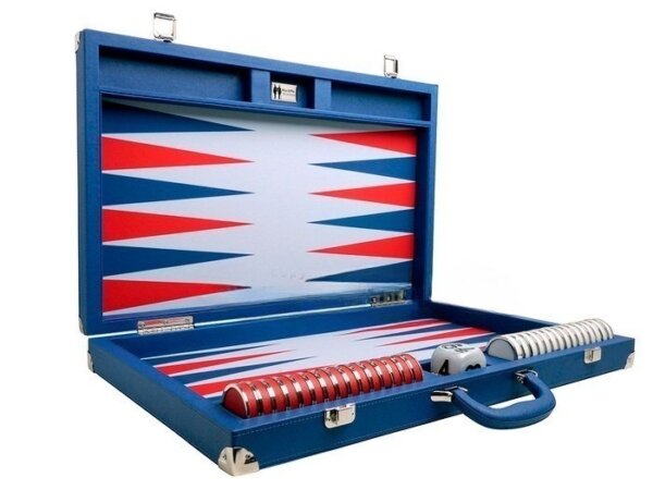 Wycliffe Brothers® 23-inch Backgammon Set with 1.75-inch Nickel Checkers - Blue Case with Light Blue Field - Prestige Class - Image 2