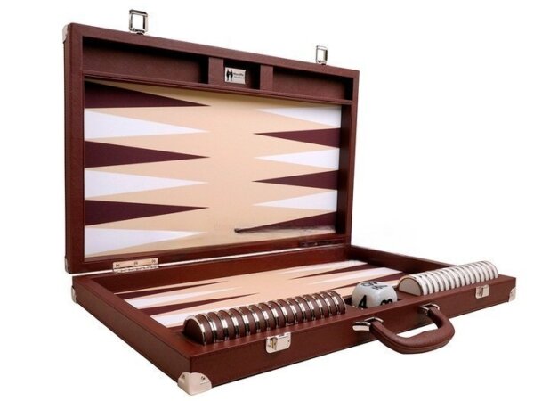 Wycliffe Brothers® 23-inch Backgammon Set with 1.75-inch Nickel Checkers - Brown Case with Beige Field - Prestige Class - Image 2