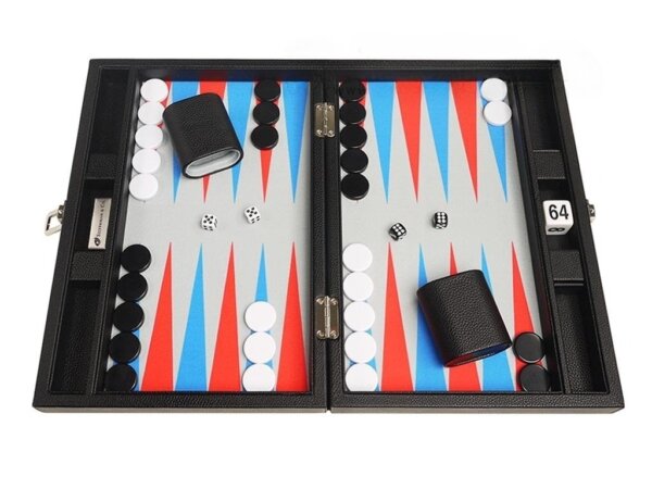 13-inch Premium Backgammon Set - Black with Scarlet Red and Patriot Blue Points
