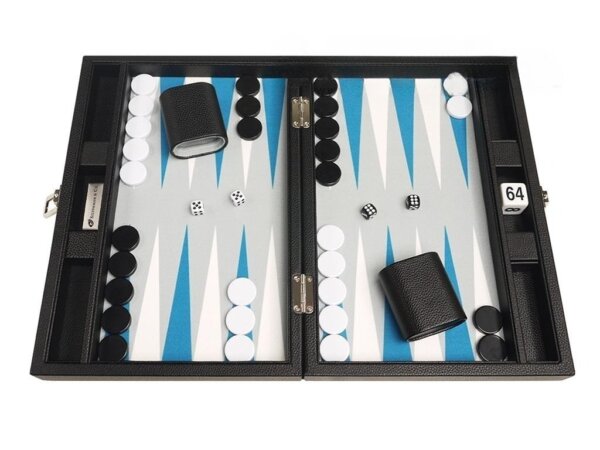 13-inch Premium Backgammon Set - Black with White and Astral Blue Points