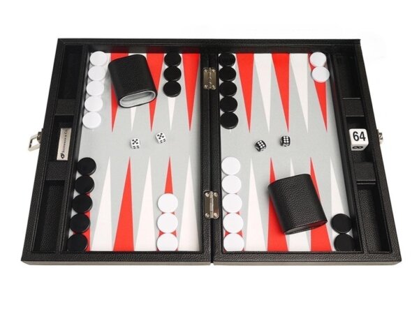 13-inch Premium Backgammon Set - Black with White and Scarlet Red Points