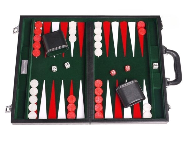 15-inch Leatherette Backgammon Set - Inlaid Velvet Field - Black/Green