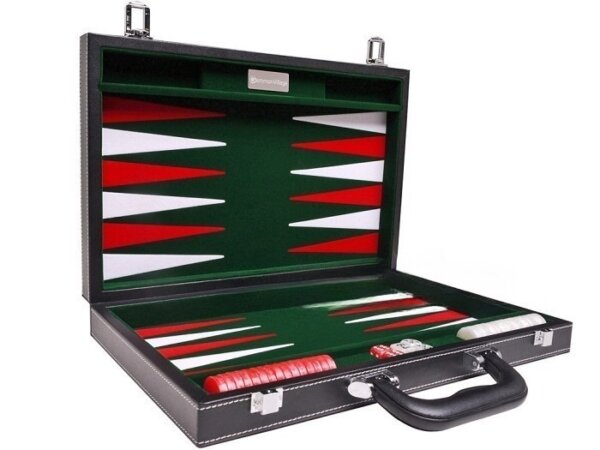 15-inch Leatherette Backgammon Set - Inlaid Velvet Field - Black/Green - Image 2