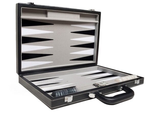15-inch Leatherette Backgammon Set - Inlaid Velvet Field - Black/Grey - Image 2