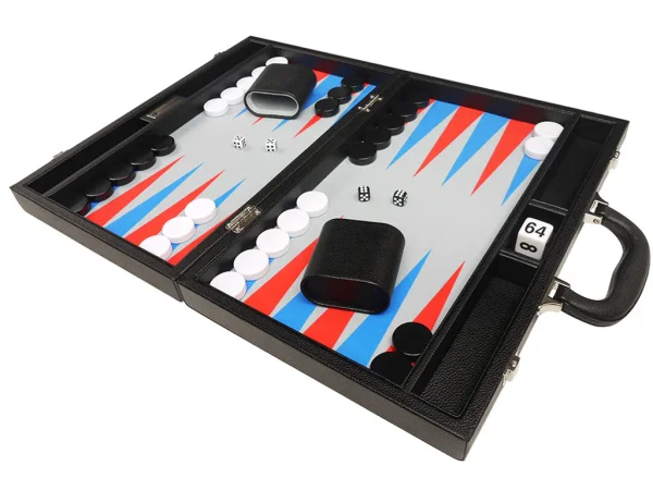 16-inch Premium Backgammon Set - Black with Scarlet Red and Patriot Blue Points - Image 5