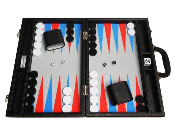 16-inch Premium Backgammon Set - Black with Scarlet Red and Patriot Blue Points