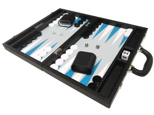 16-inch Premium Backgammon Set - Black with White and Astral Blue Points - Image 5