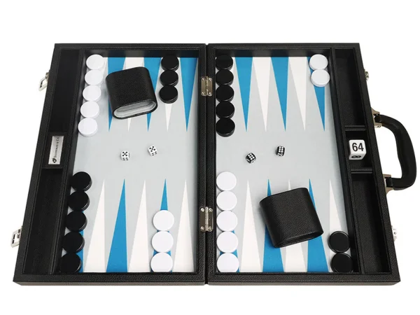 16-inch Premium Backgammon Set - Black with White and Astral Blue Points