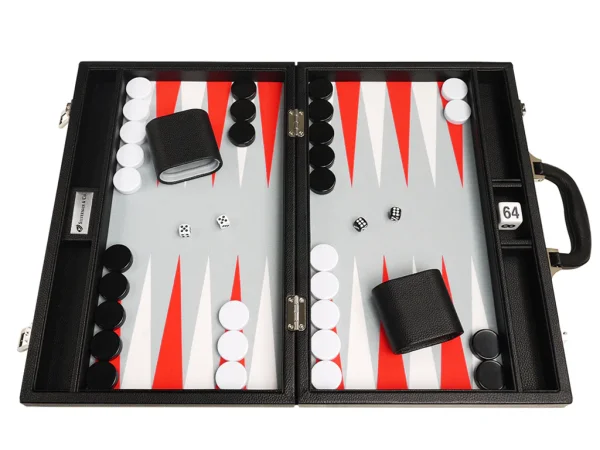 16-inch Premium Backgammon Set - Black with White and Scarlet Red Points