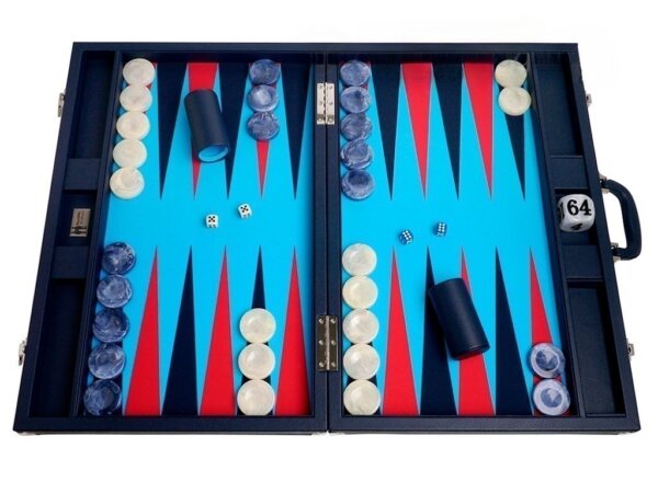 Wycliffe Brothers® 24-inch Backgammon Set with 2-inch Checkers - Blue Case with Light Blue Field - Club Class
