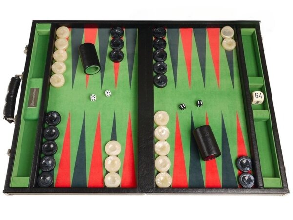 GammonVillage Tournament Backgammon Set - Champion Class - Black Case - Green Field