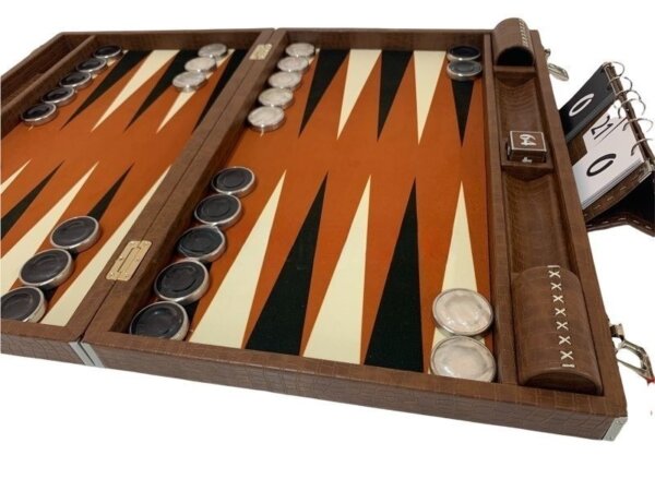 Championship Size Backgammon Set & Chrome Checkers Tan - Image 2