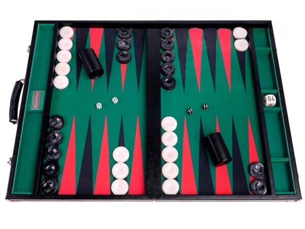 GammonVillage Tournament Backgammon Set - Club Class - Black Case with Green Field - 2-inch Checkers